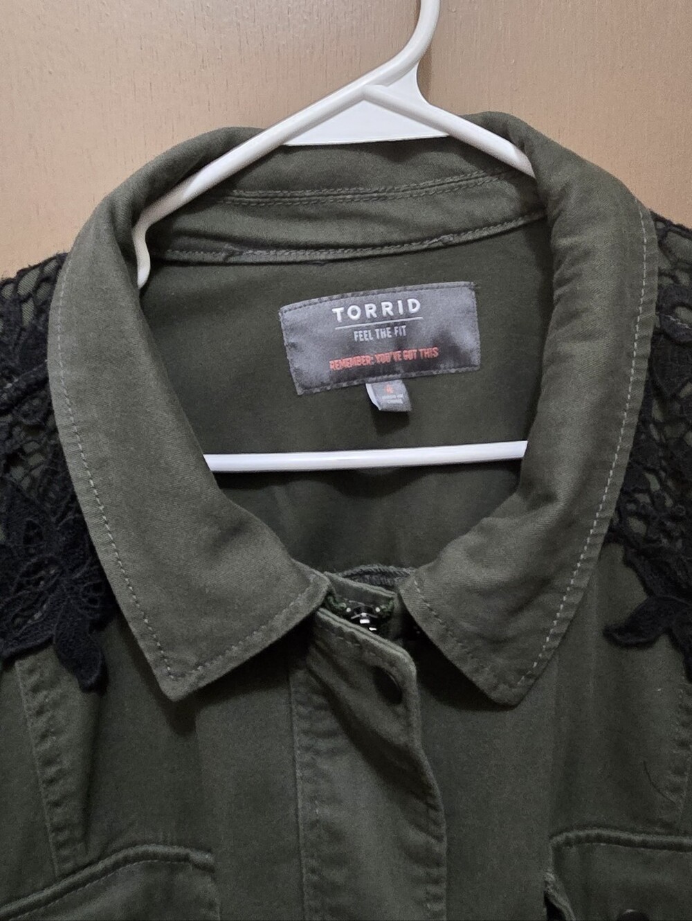 Torrid Olive Green Utility Jacket with Black Lace Shoulders - Picture 4 of 5